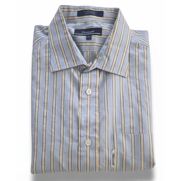 Faconnable Dress Shirt 17.5 L Blue Cream Stripe 100% Cotton Made in USA Button - Picture 2 of 7